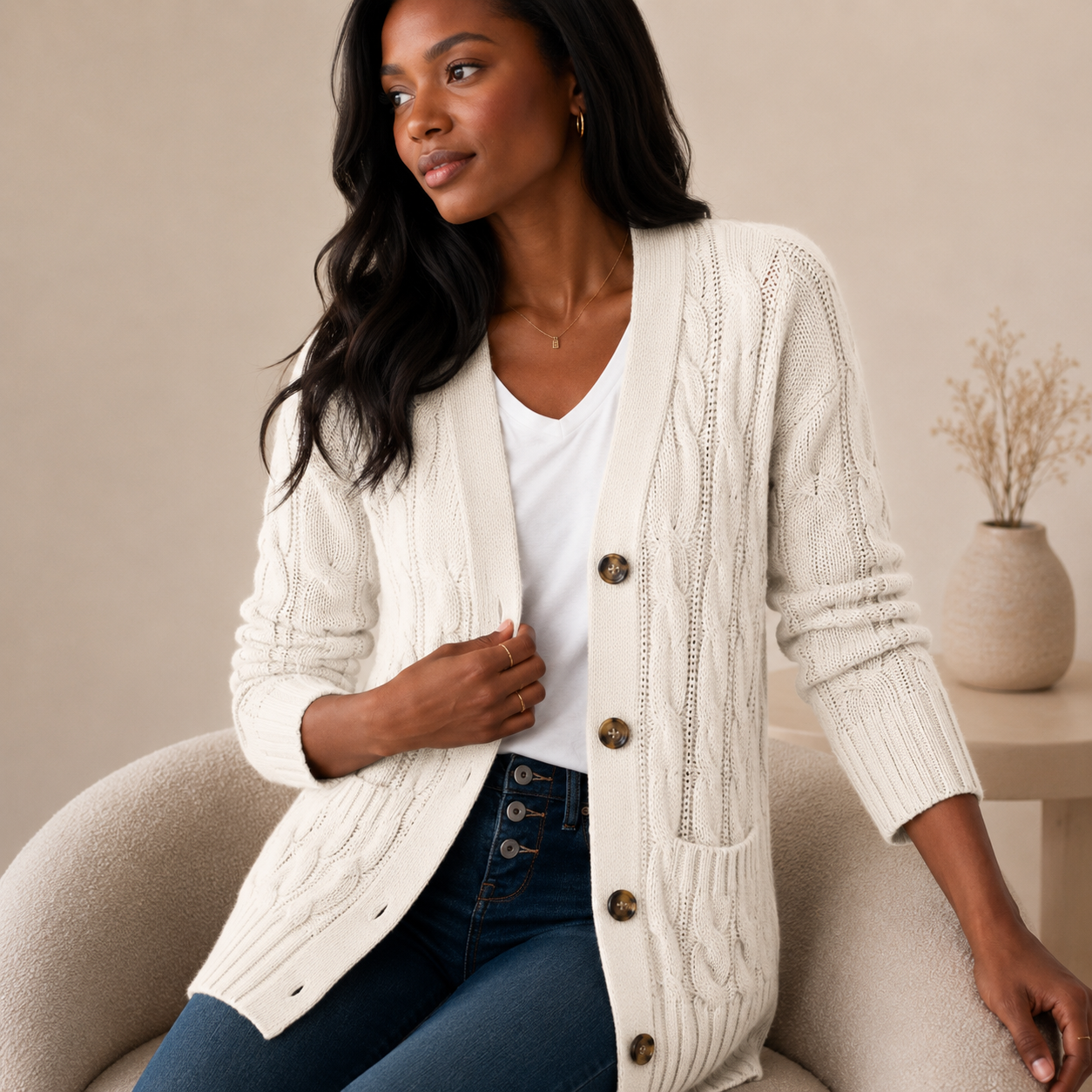 Cable Knit Wool Cardigan