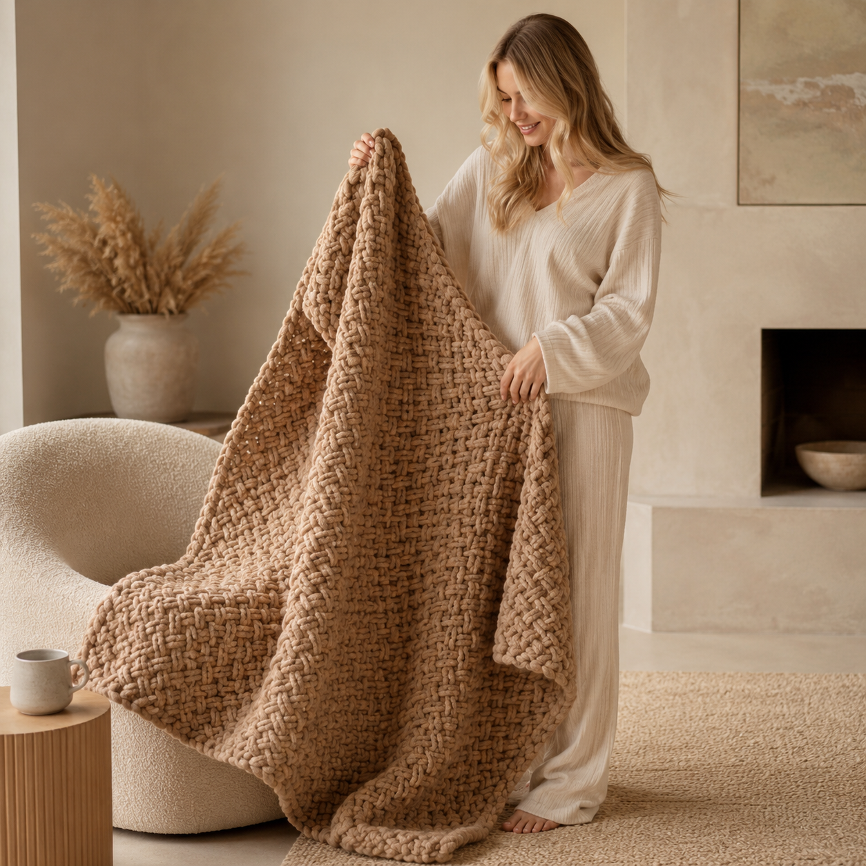 Cross-Knit Hand-Woven Chenille Thick-Knit Throw Blanket