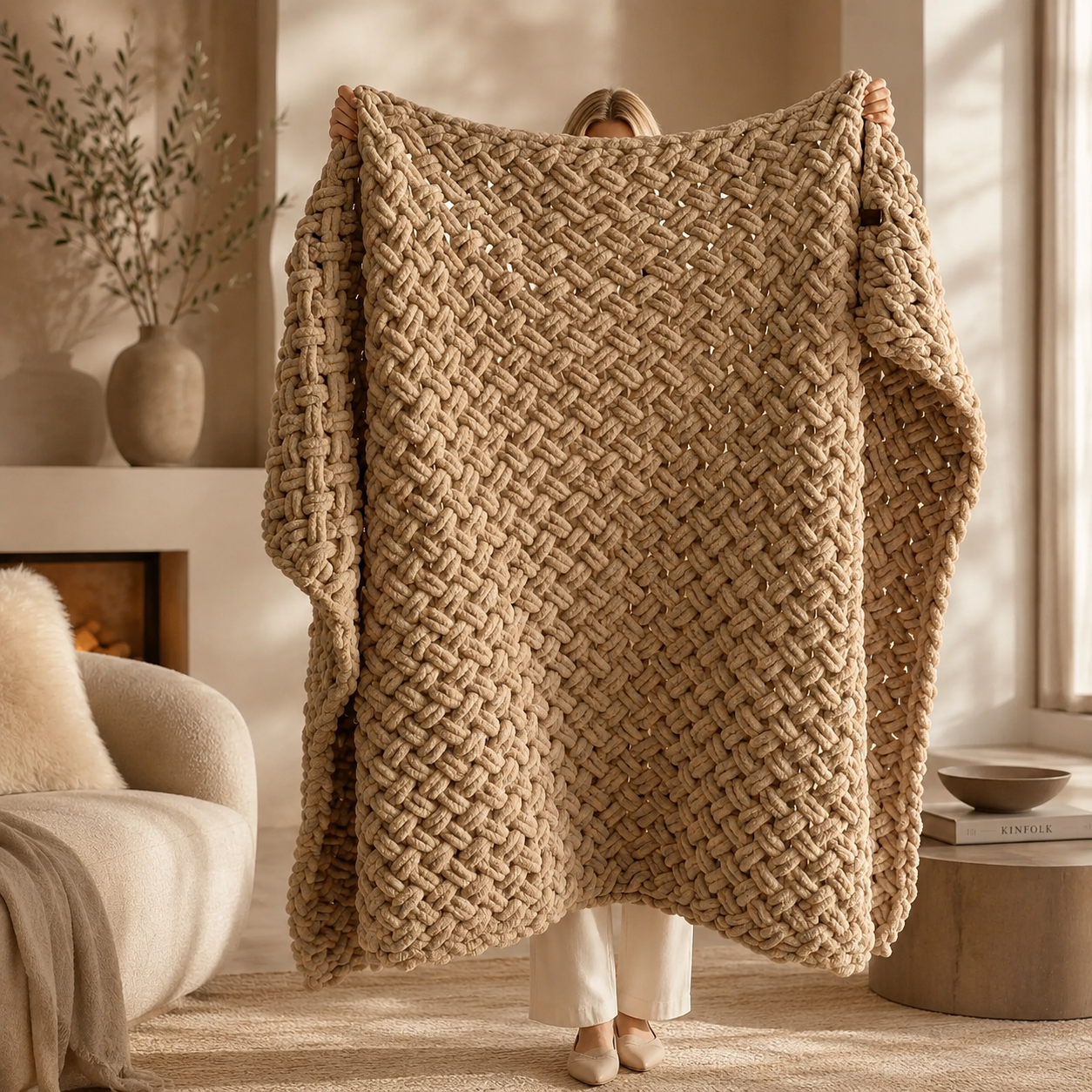 Cross-Knit Hand-Woven Chenille Thick-Knit Throw Blanket