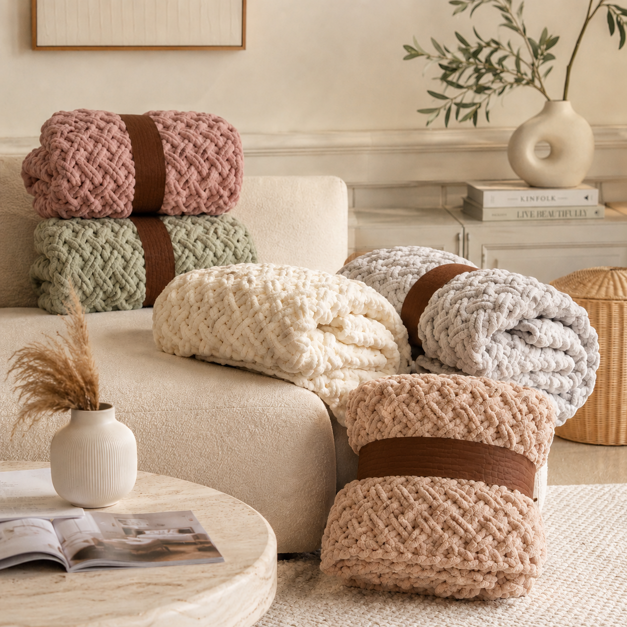 Cross-Knit Hand-Woven Chenille Thick-Knit Throw Blanket