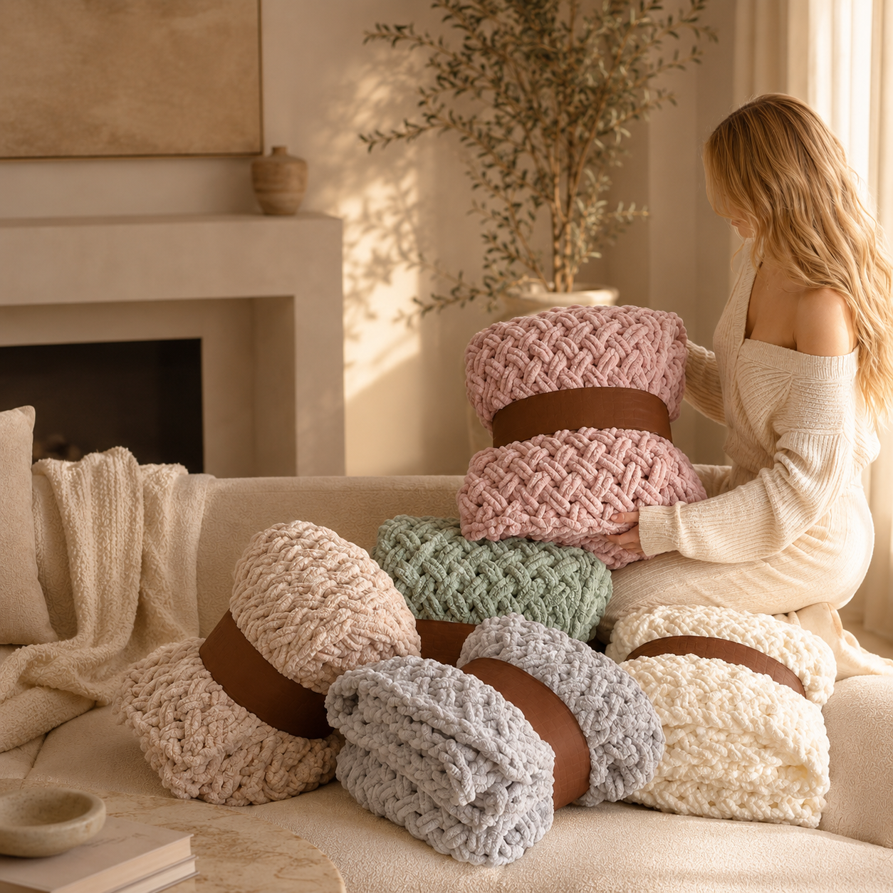Cross-Knit Hand-Woven Chenille Thick-Knit Throw Blanket