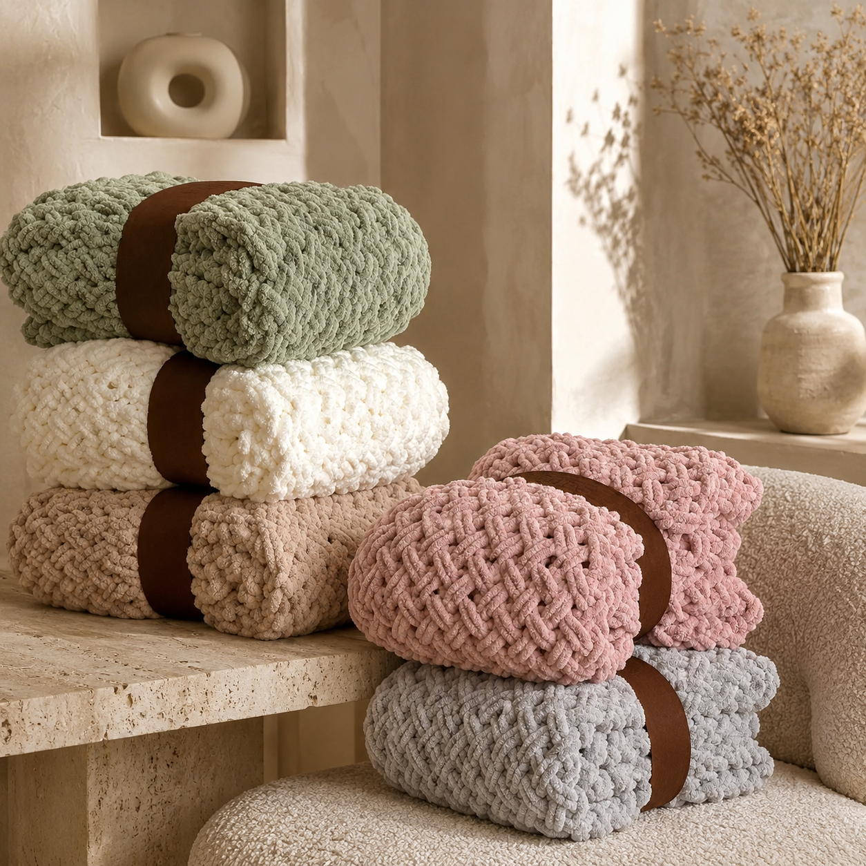 Cross-Knit Hand-Woven Chenille Thick-Knit Throw Blanket