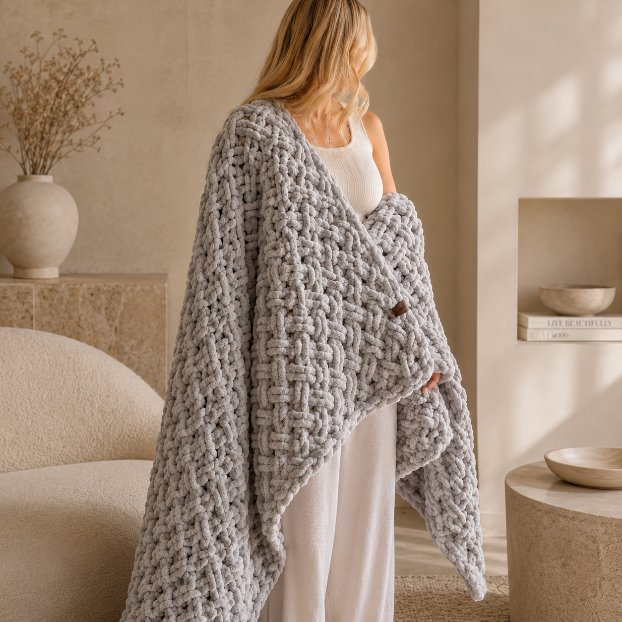 Cross-Knit Hand-Woven Chenille Thick-Knit Throw Blanket