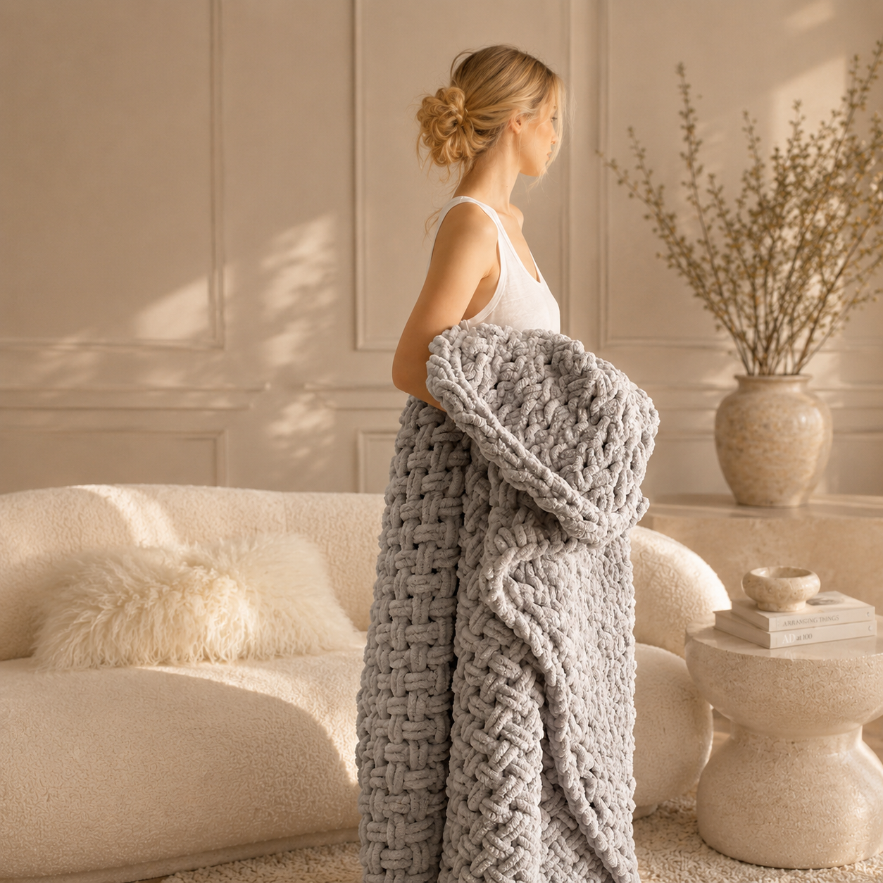 Cross-Knit Hand-Woven Chenille Thick-Knit Throw Blanket