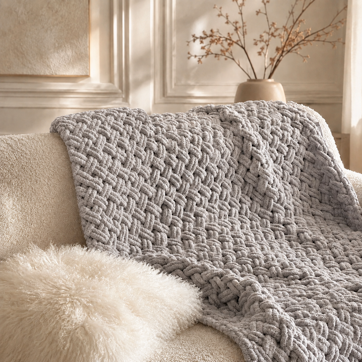 Cross-Knit Hand-Woven Chenille Thick-Knit Throw Blanket