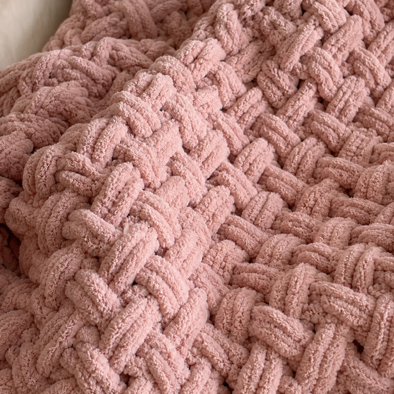 Cross-Knit Hand Woven Chenille Thick-Knit Blanket Pink Close Up