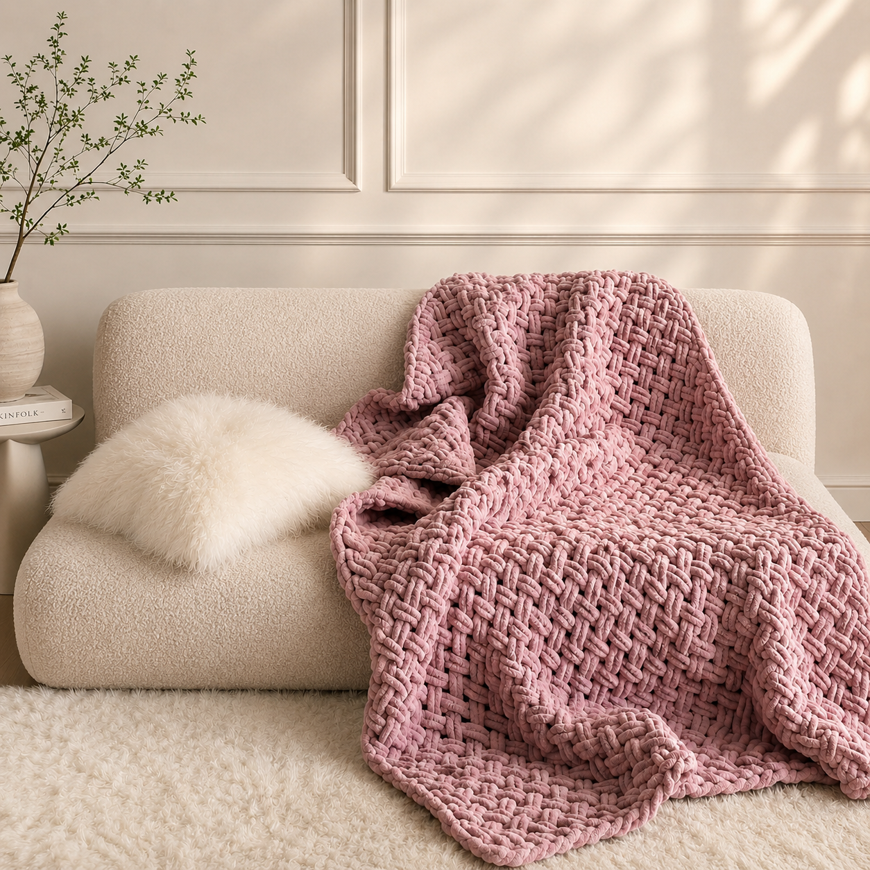 Cross-Knit Hand Woven Chenille Thick-Knit Blanket Pink