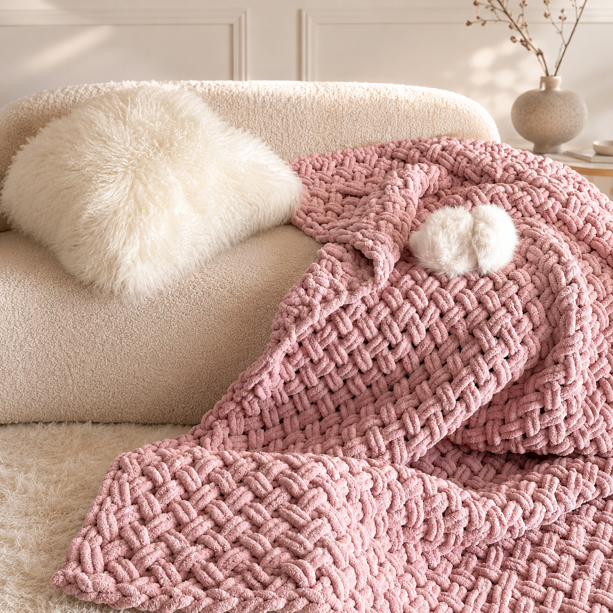 Cross-Knit Hand Woven Chenille Thick-Knit Blanket Pink