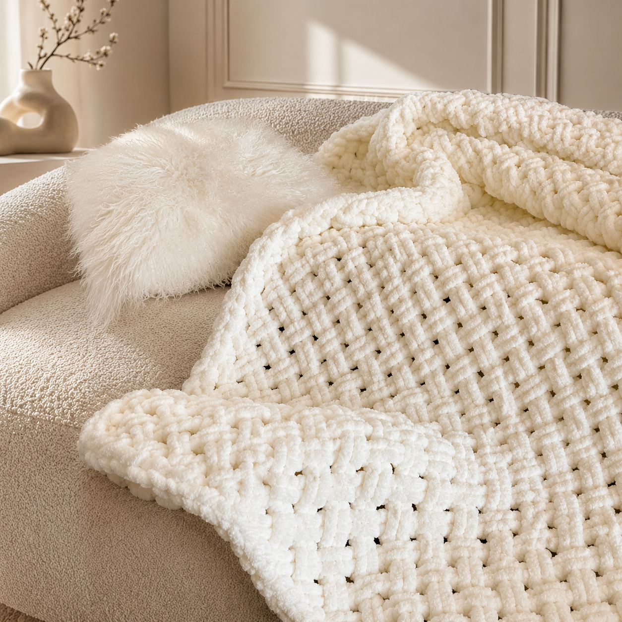 Cross-Knit Hand-Woven Chenille Thick-Knit Throw Blanket