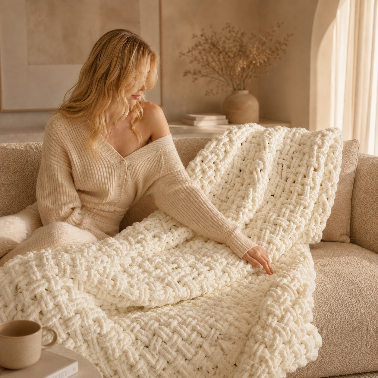 Cross-Knit Hand-Woven Chenille Thick-Knit Throw Blanket