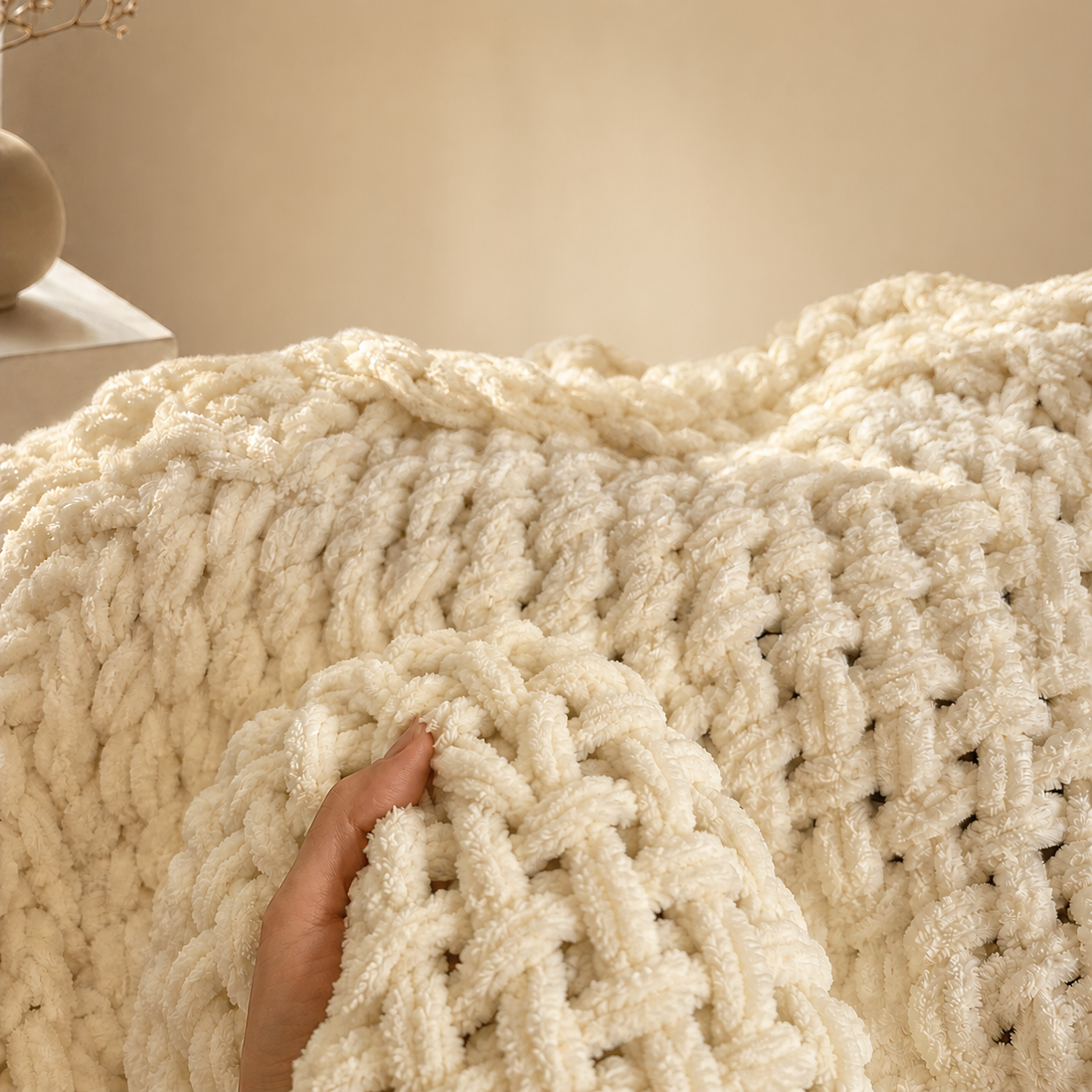 Cross-Knit Hand Woven Chenille Thick-Knit Blanket Close up