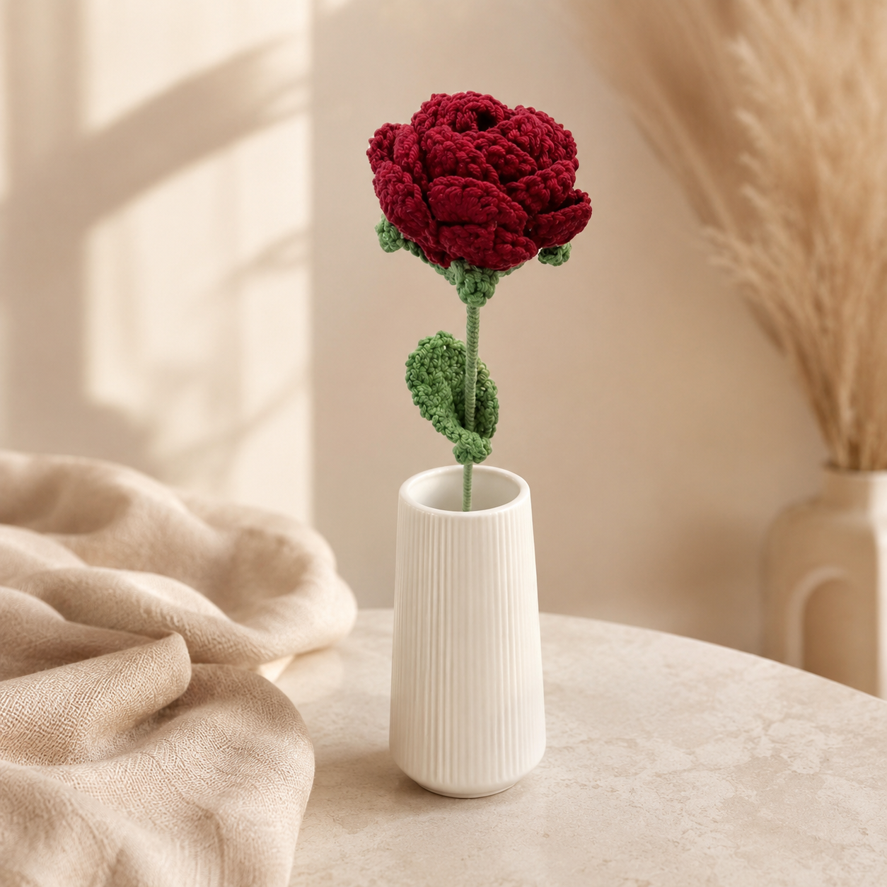 Hand-Knit Wine Red Rose Wool Flower Bouquet