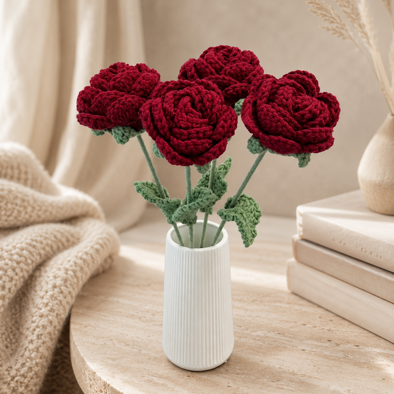 Hand-Knit Wine Red Rose Wool Flower Bouquet