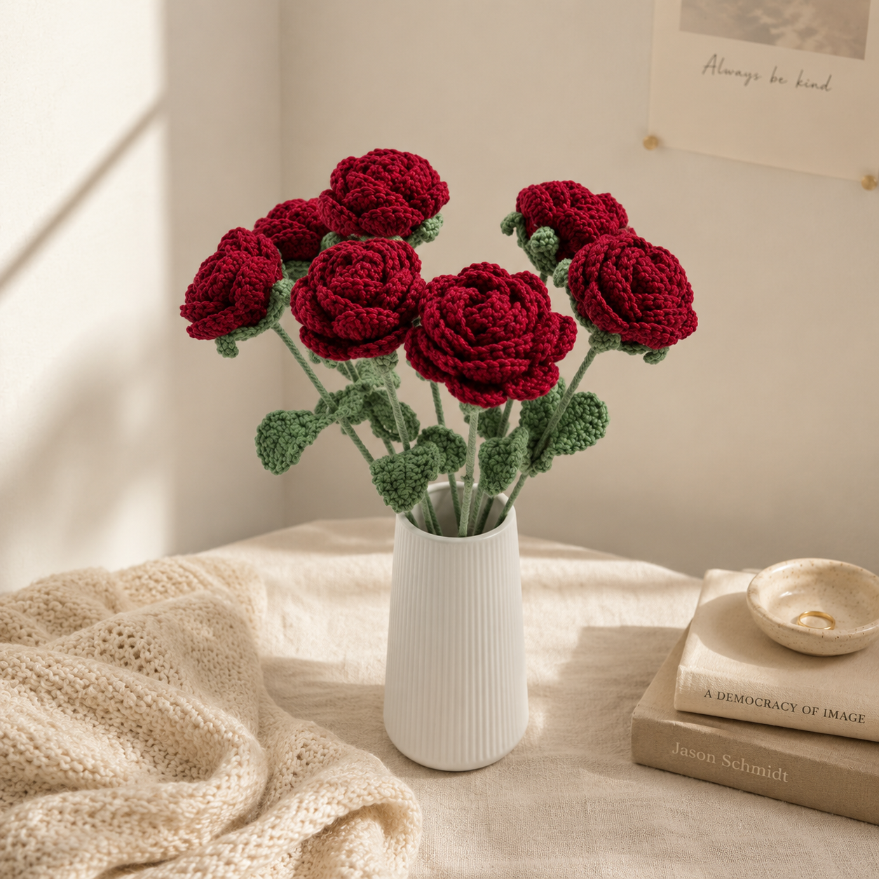 Hand-Knit Wine Red Rose Wool Flower Bouquet
