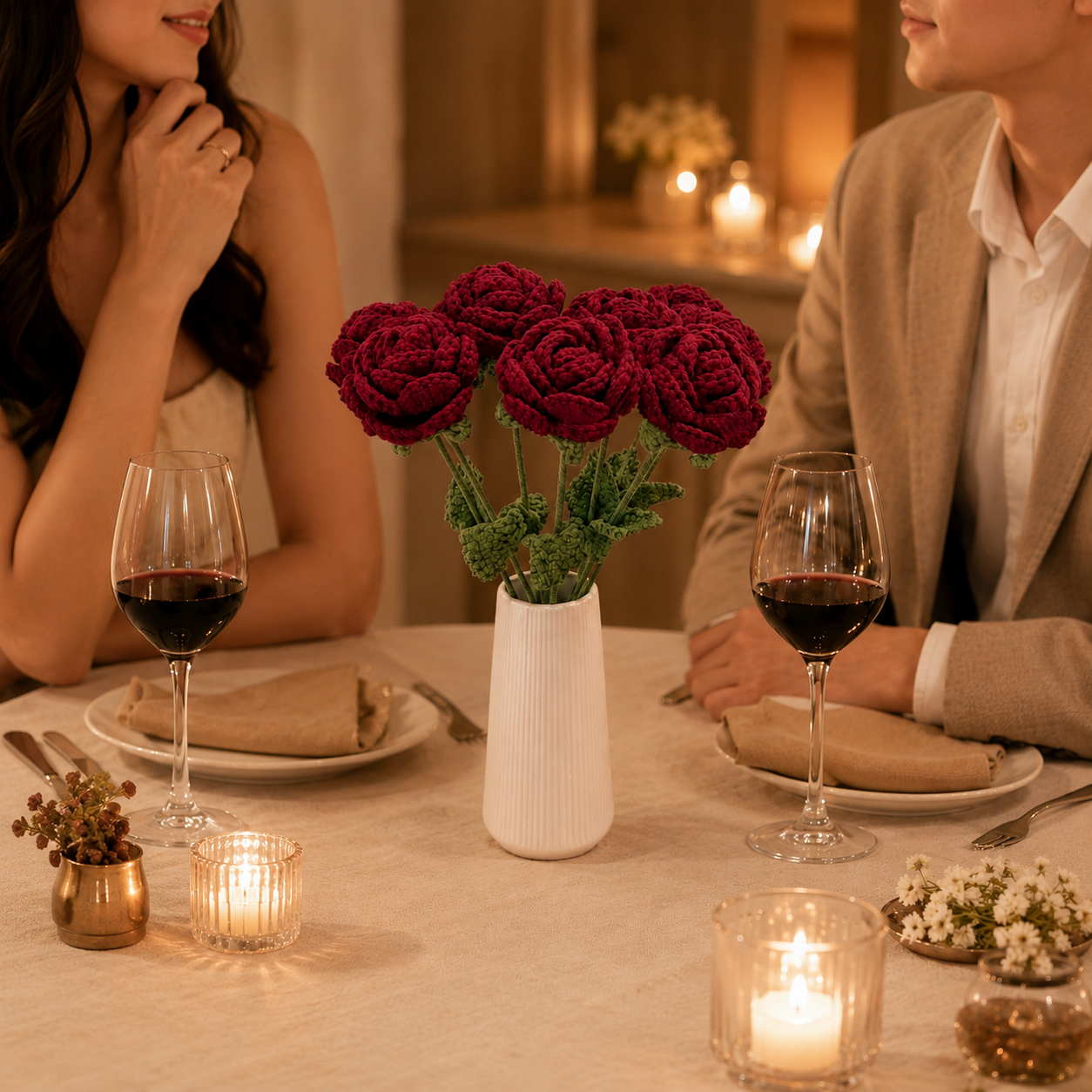Hand-Knit Wine Red Rose Wool Flower Bouquet