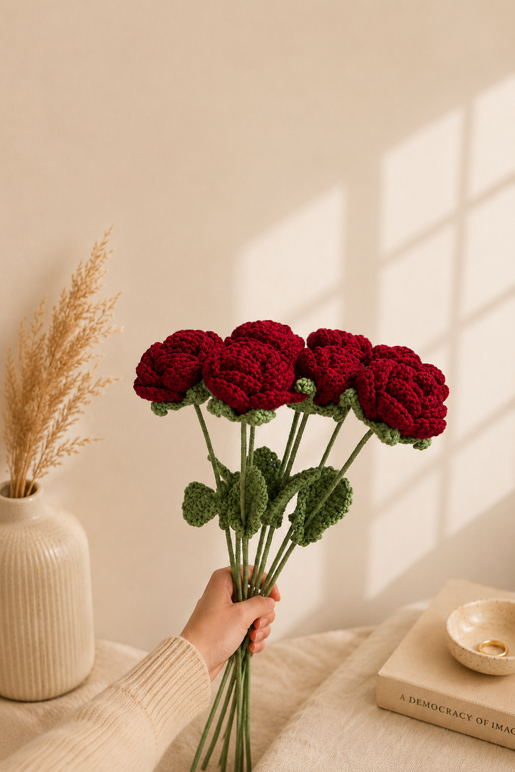 Hand-Knit Wine Red Rose Wool Flower Bouquet