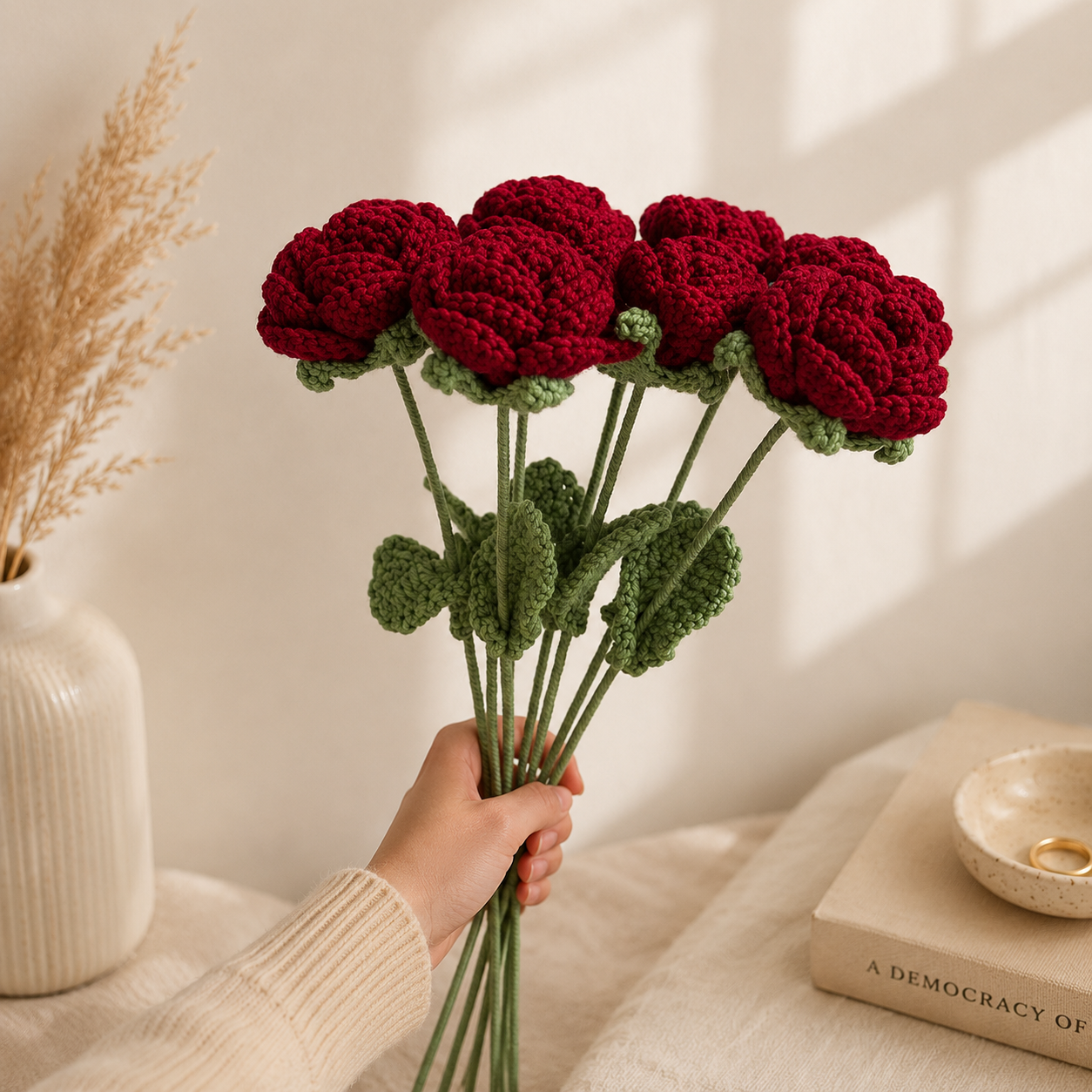 Hand-Knit Wine Red Rose Wool Flower Bouquet