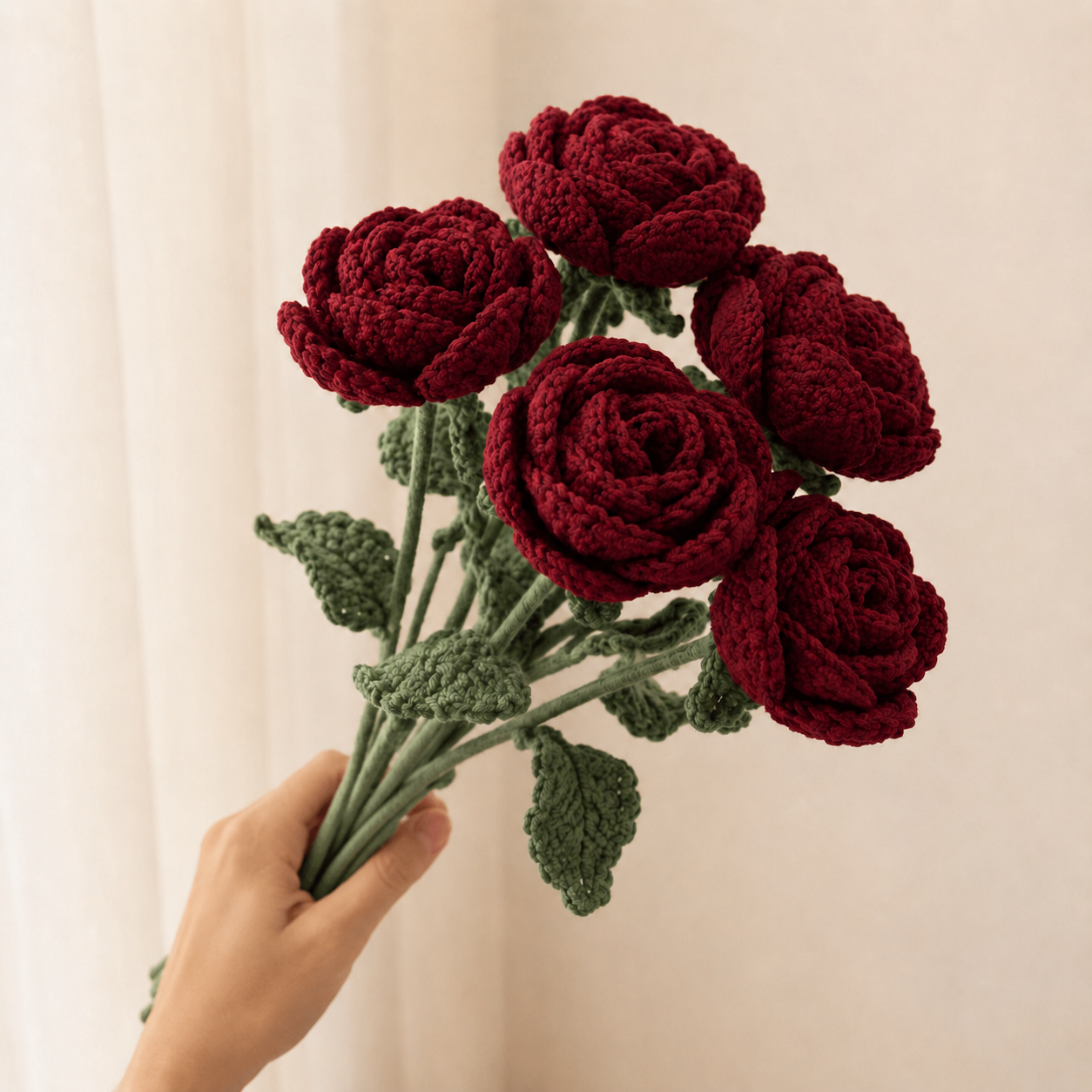 Hand-Knit Wine Red Rose Wool Flower Bouquet