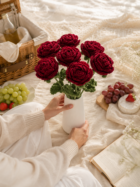 Hand-Knit Wine Red Rose Wool Flower Bouquet