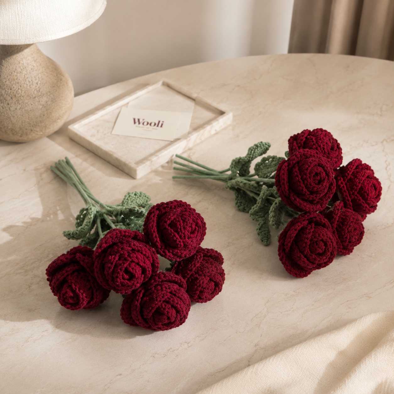 Hand-Knit Wine Red Rose Wool Flower Bouquet