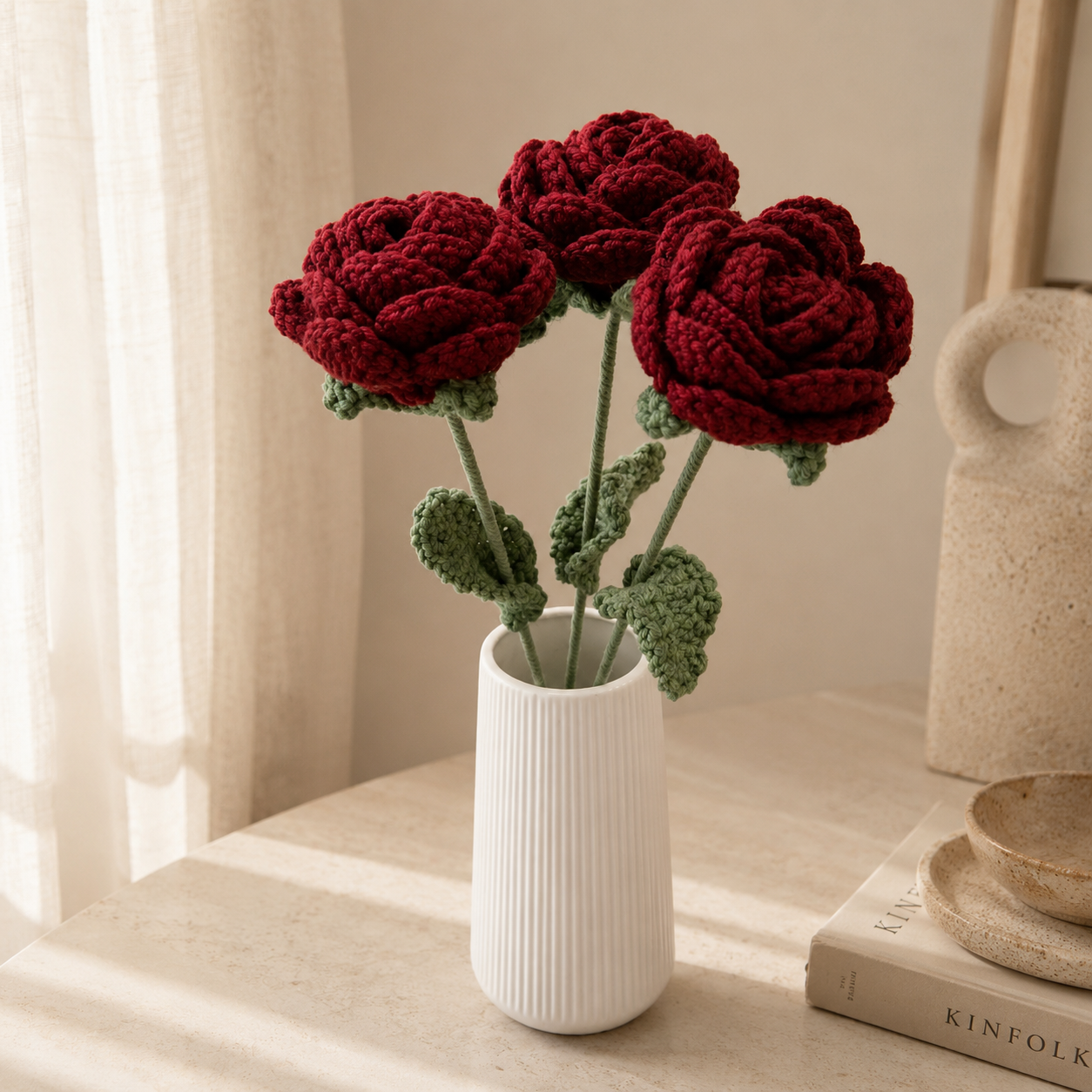 Hand-Knit Wine Red Rose Wool Flower Bouquet