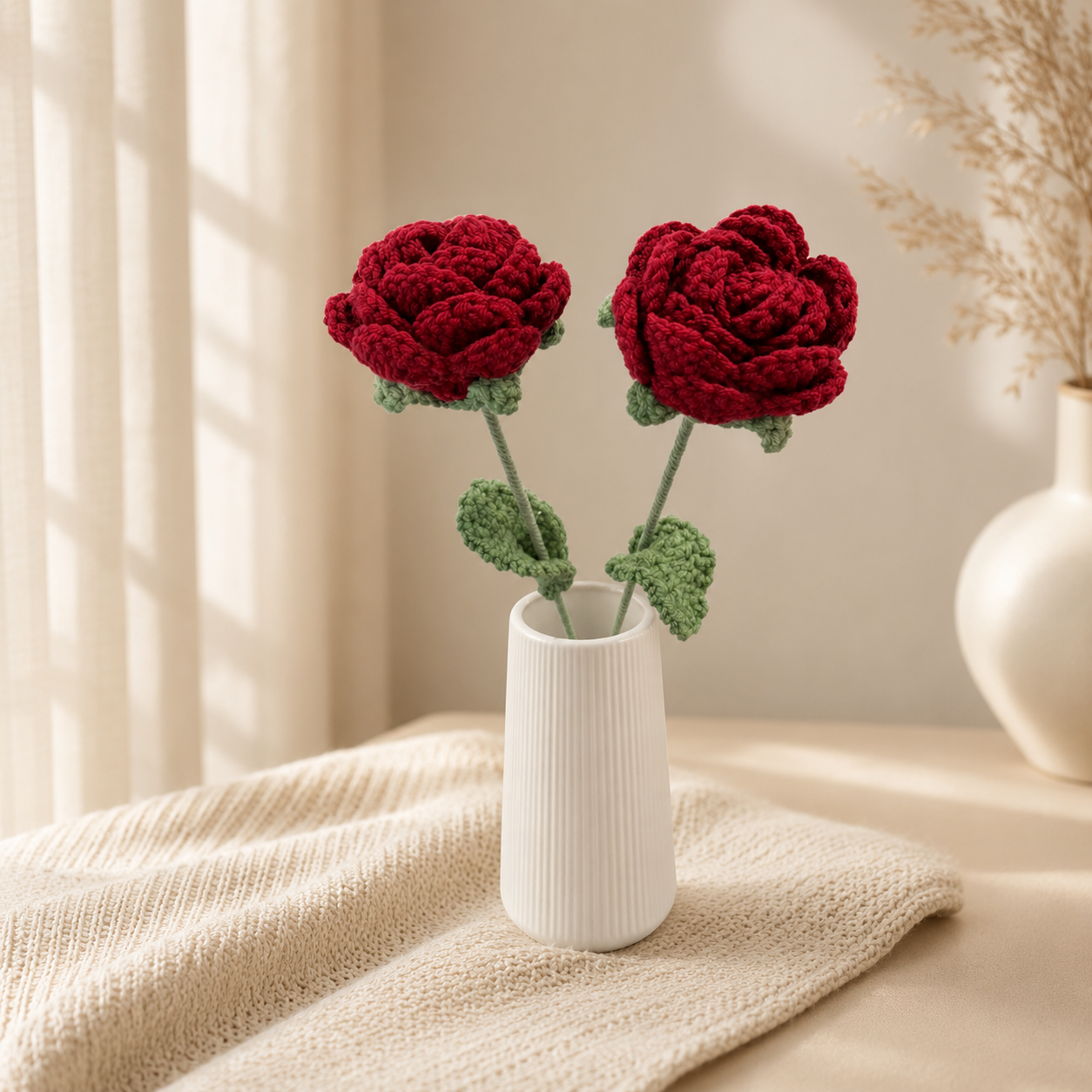 Hand-Knit Wine Red Rose Wool Flower Bouquet