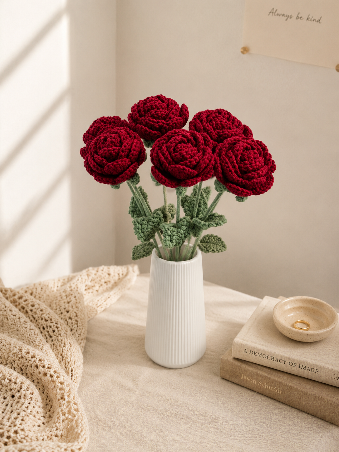 Hand-Knit Wine Red Rose Wool Flower Bouquet