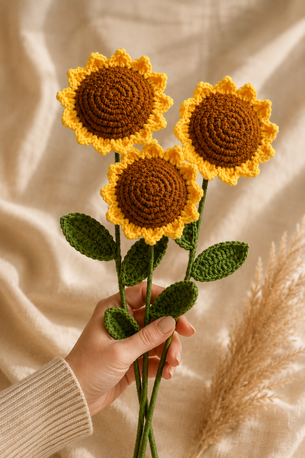 Hand-Knit Wool Sunflower Bouquet