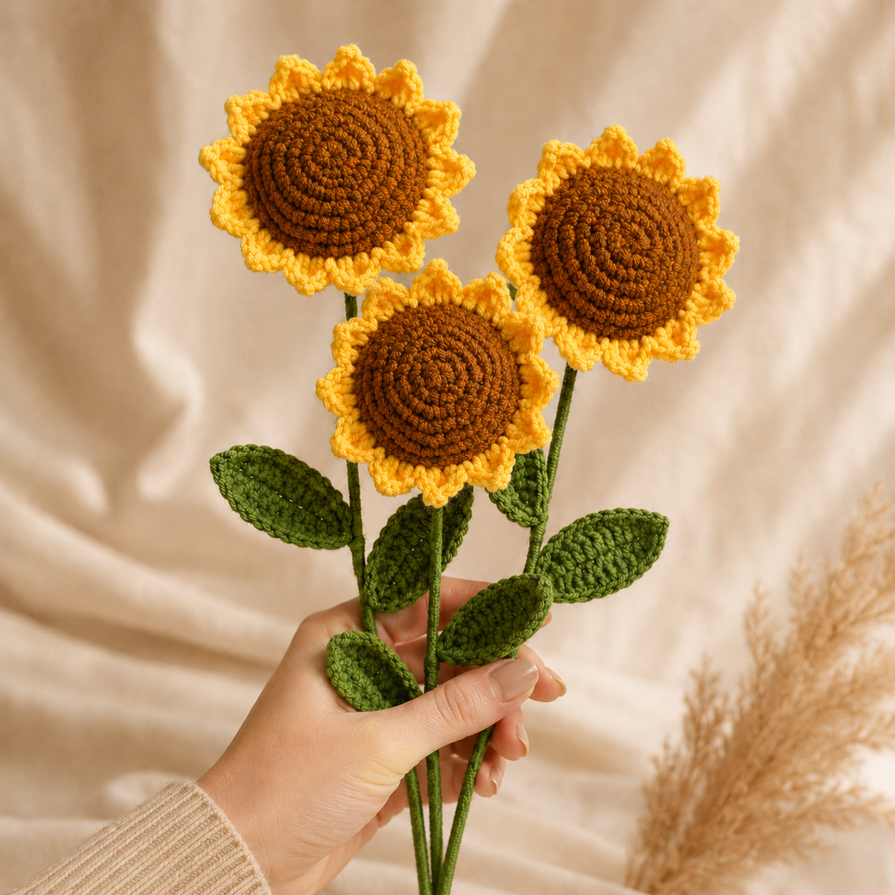 Hand-Knit Wool Sunflower Bouquet