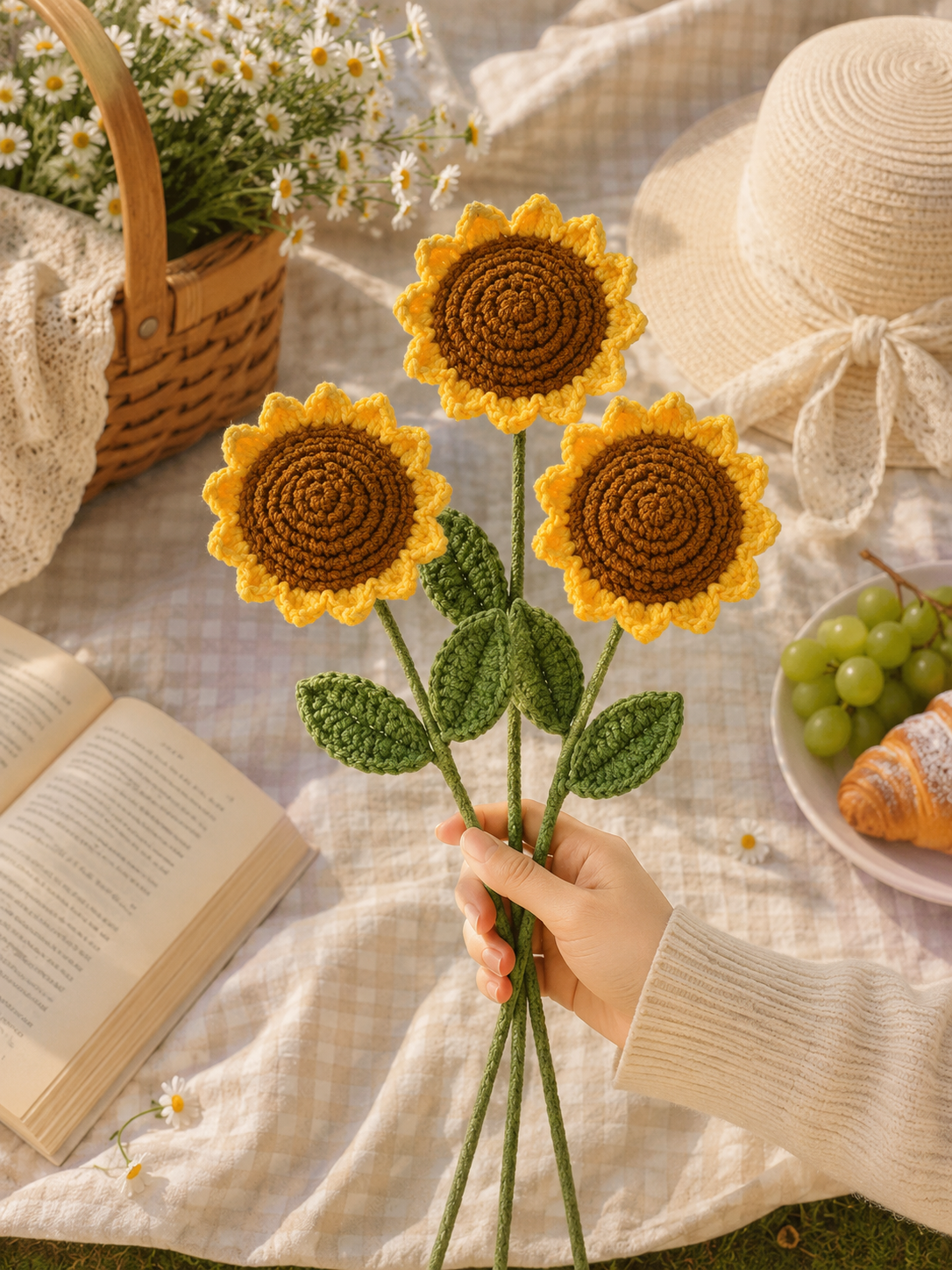 Hand-Knit Wool Sunflower Bouquet