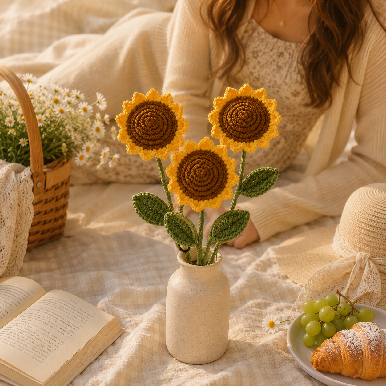 Hand-Knit Wool Sunflower Bouquet