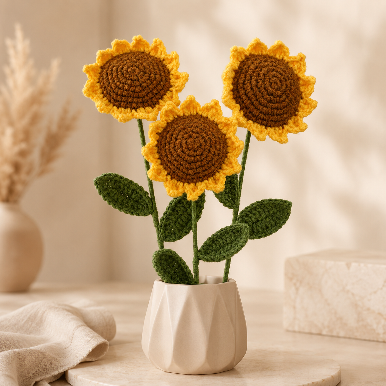 Hand-Knit Wool Sunflower Bouquet
