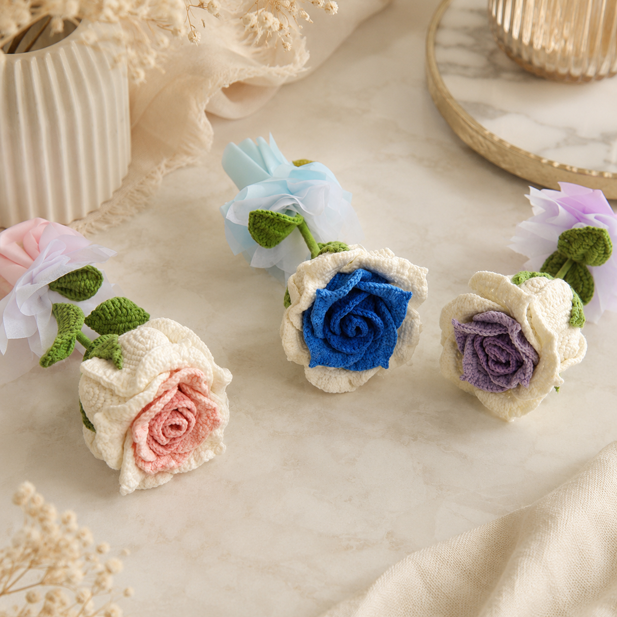 Jumbo Hand-Knitted Rose Wool Flower Bouquet