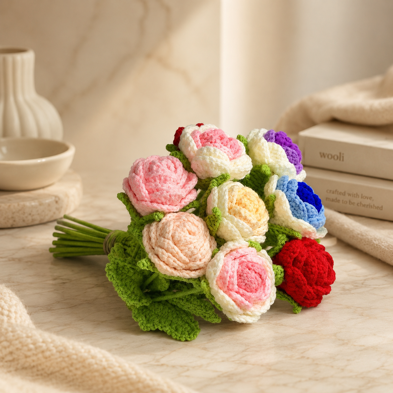 Hand Knit Rose Wool Flower Bouquet
