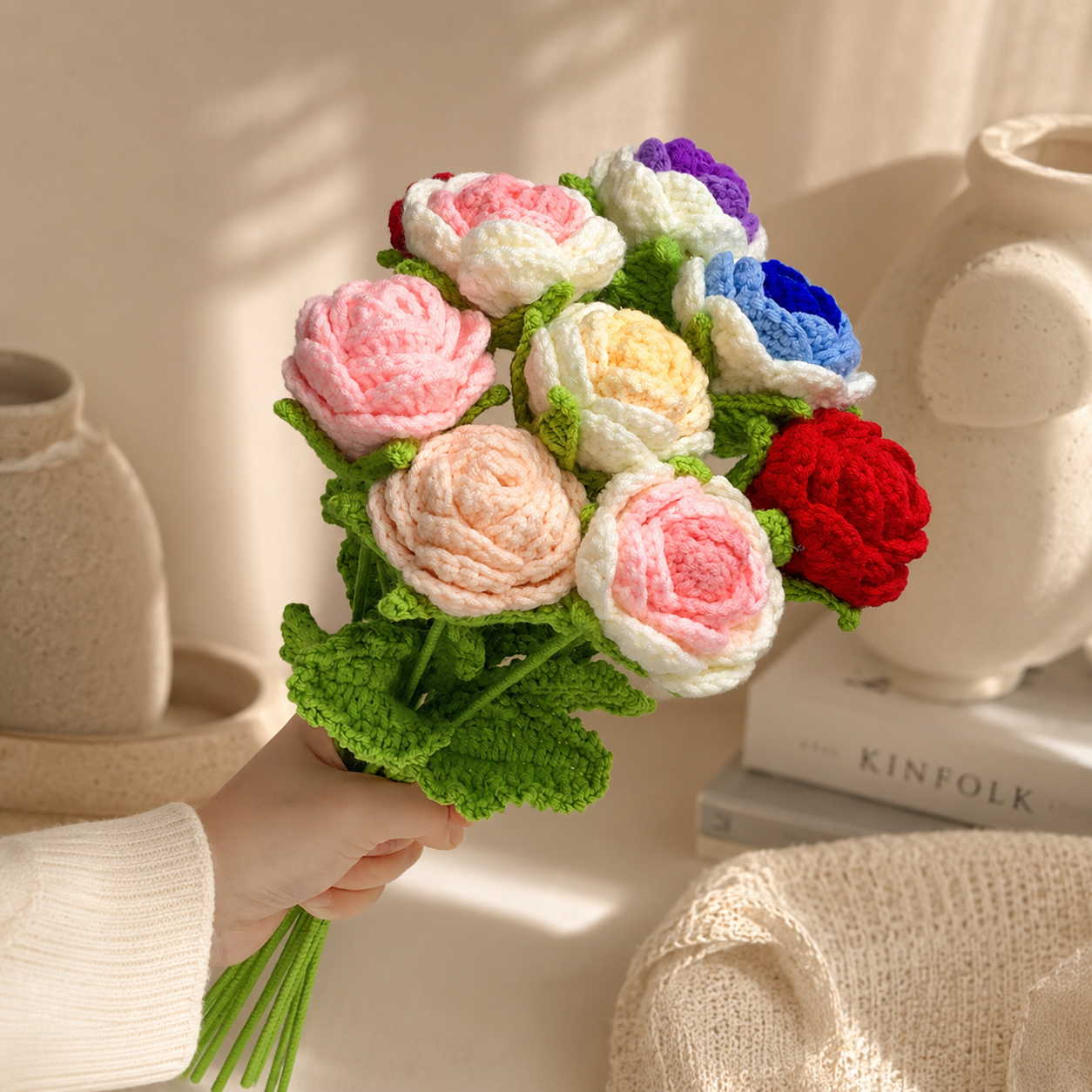 Hand Knit Rose Wool Flower Bouquet