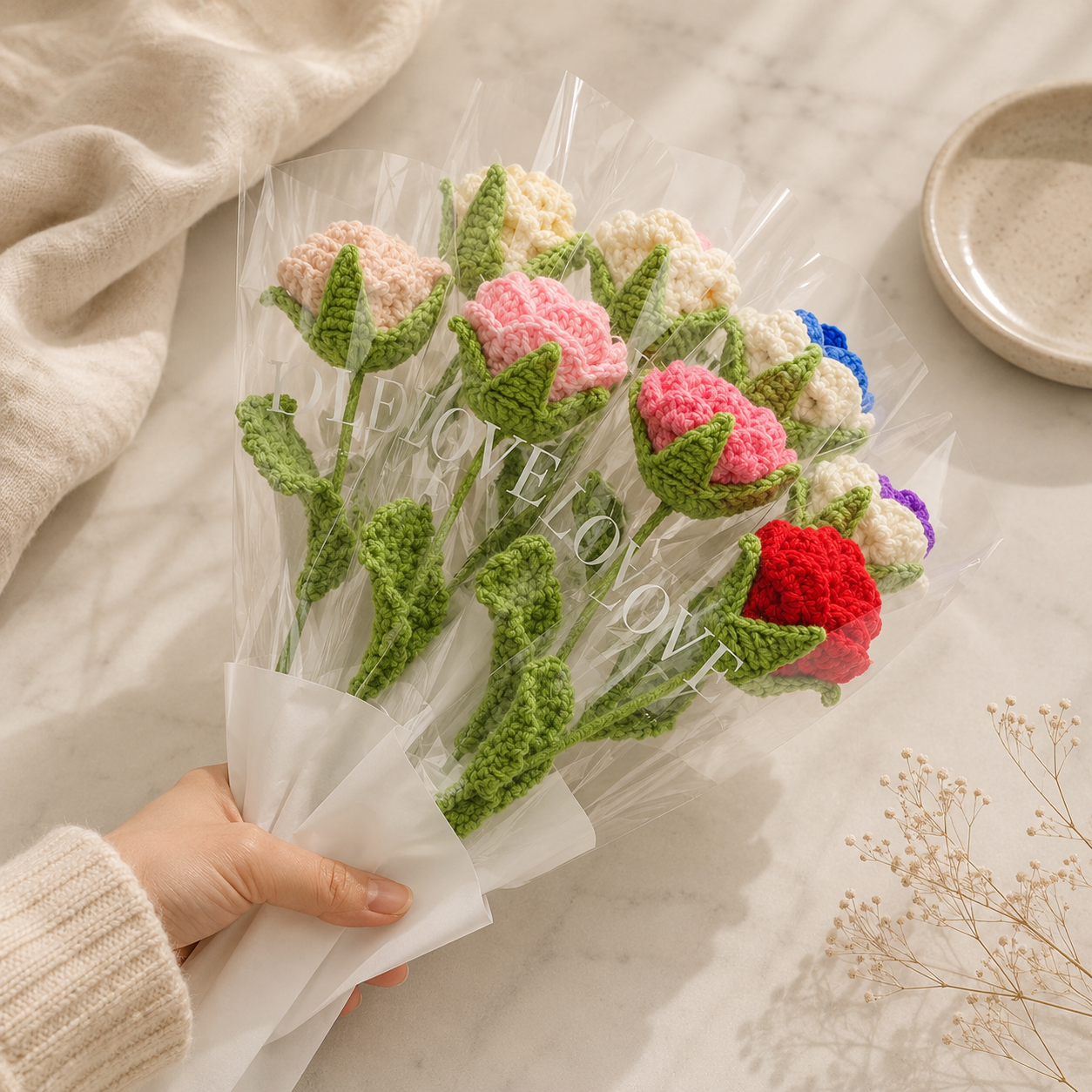 Hand Knit Rose Wool Flower Bouquet