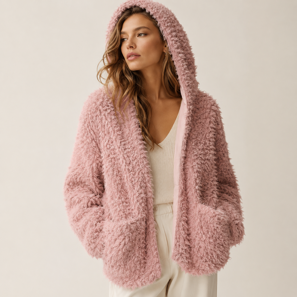Plush Pink Wool Hooded Cardigan Sweater