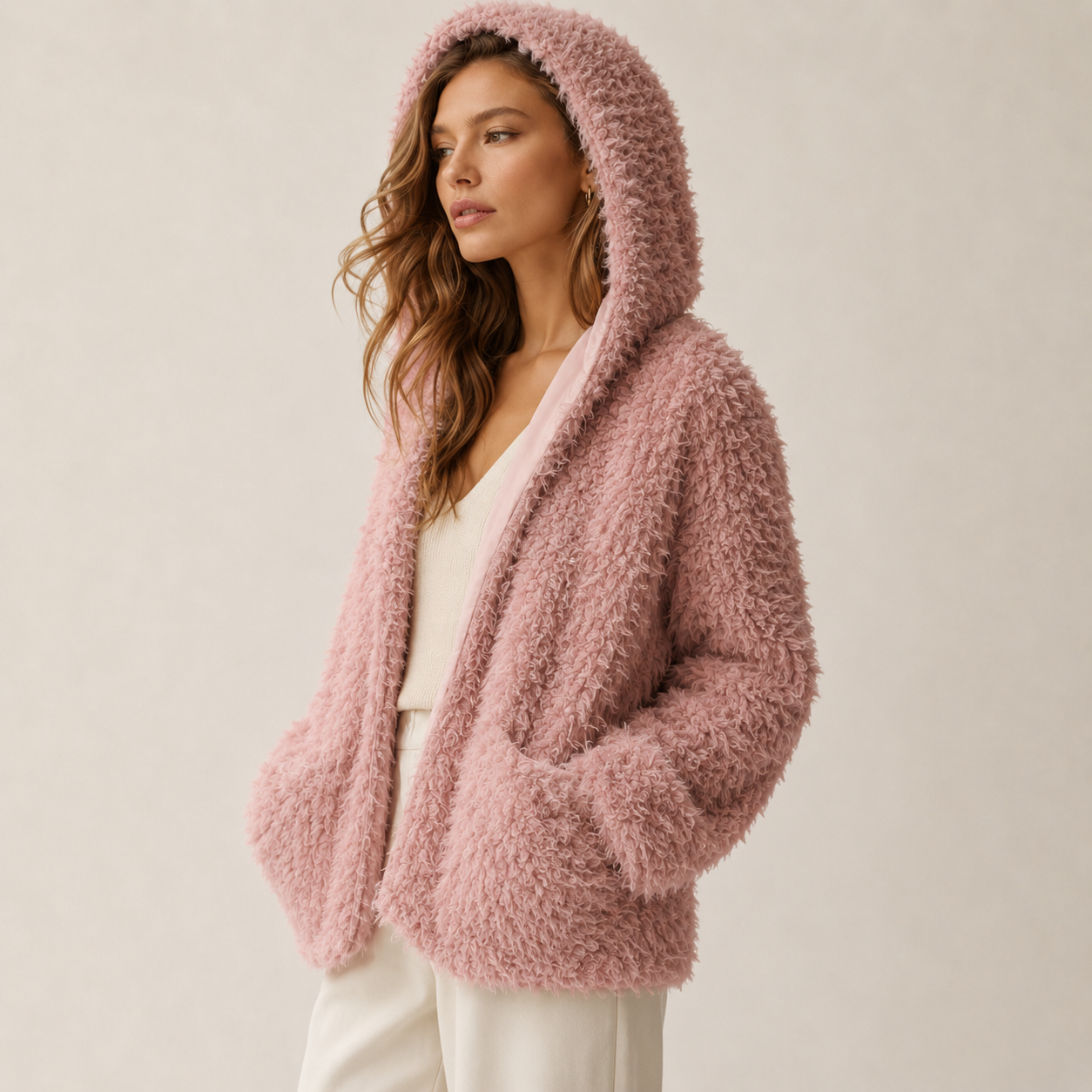 Plush Pink Wool Hooded Cardigan Sweater