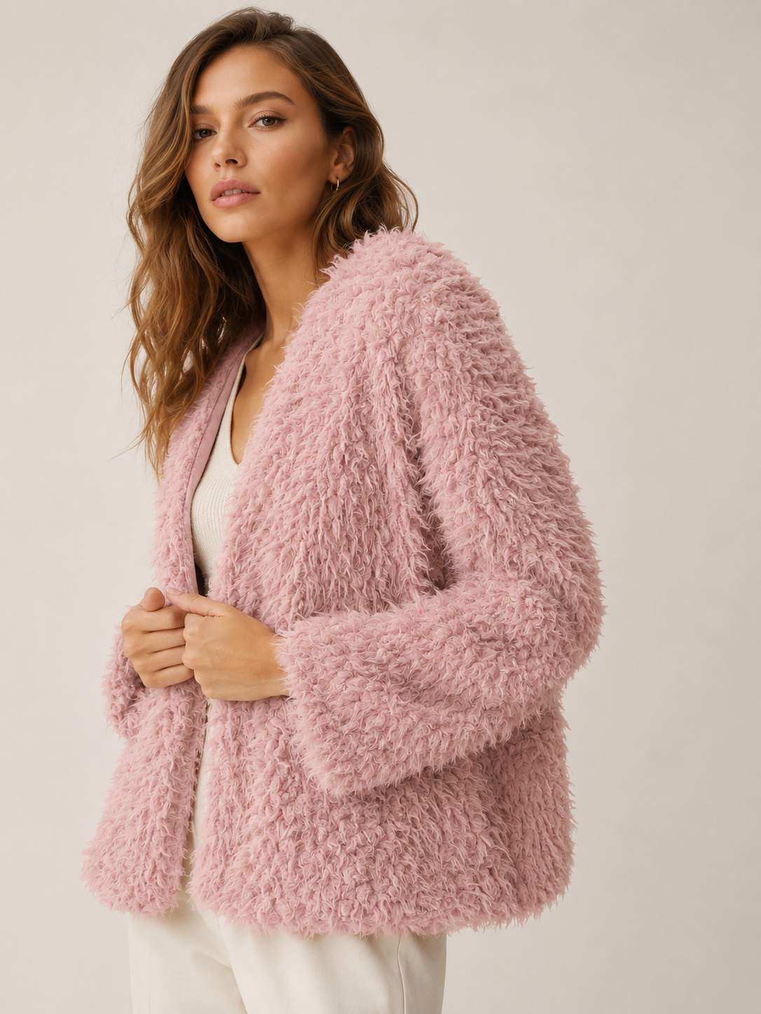 Plush Pink Wool Hooded Cardigan Sweater