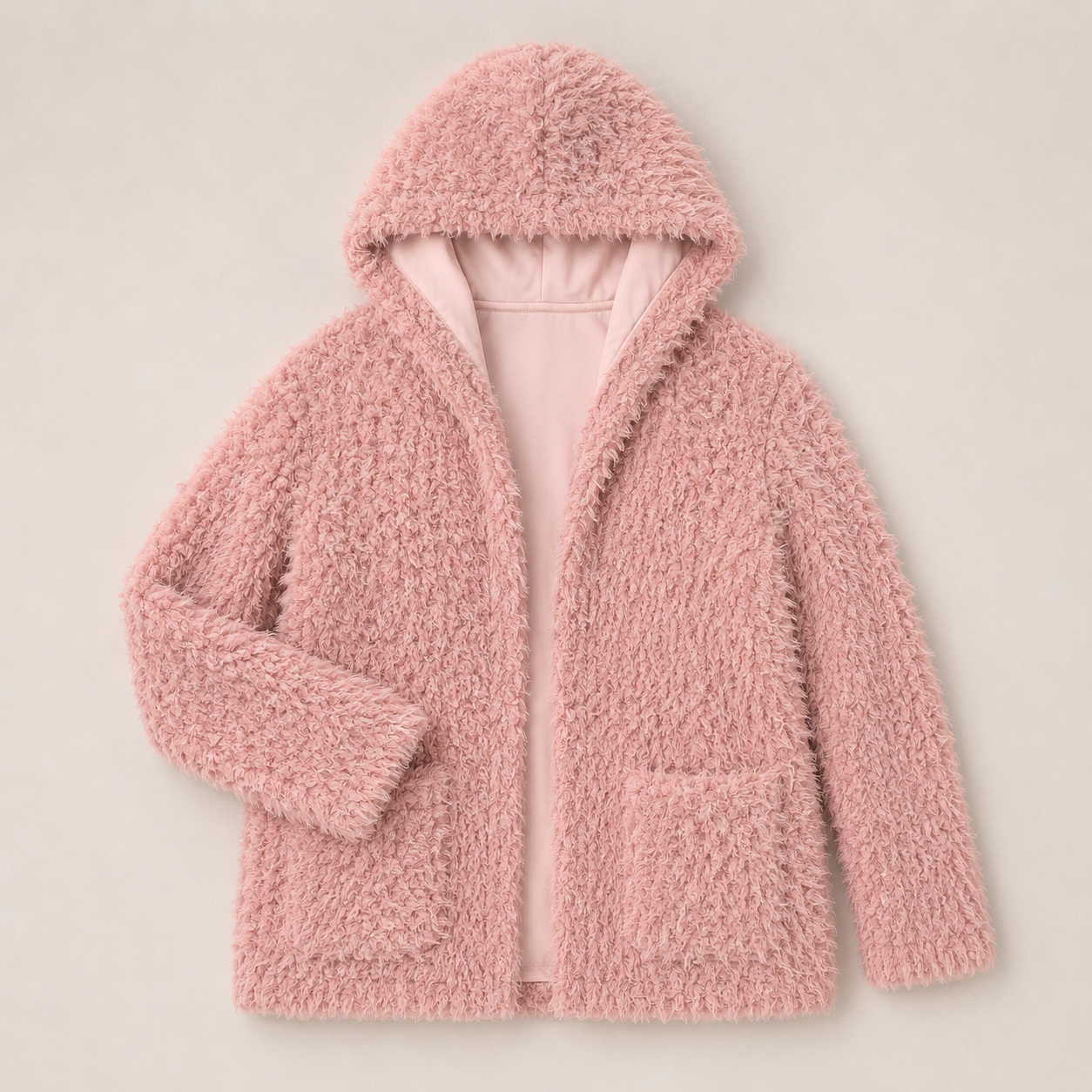 Plush Pink Wool Hooded Cardigan Sweater