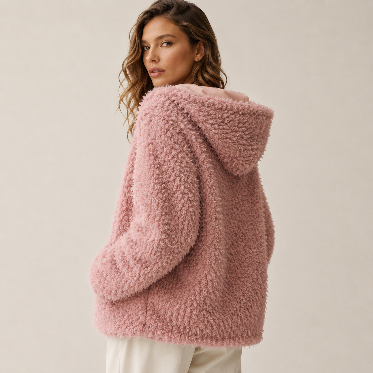 Plush Pink Wool Hooded Cardigan Sweater